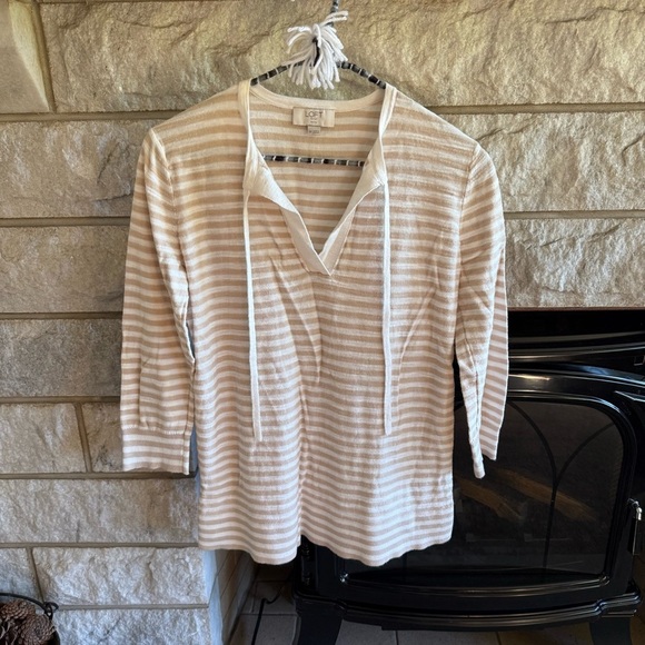 LOFT Beige and White Striped Top 3/4 sleeve Small Petite - Picture 1 of 6